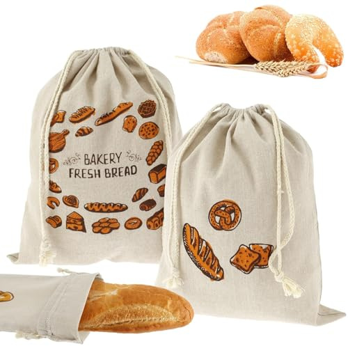 Linen Bread Storage Bags 3 Piece Set Reusable Drawstring Bread Bins in 3 Styles (Bread Letter, Classic, Baguette) for Kitchen, Fruits & Vegetables