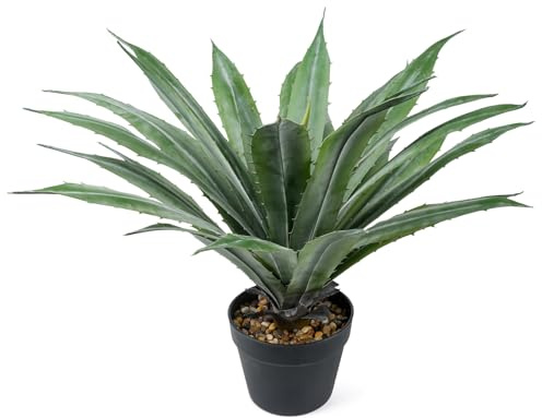 Velener Planta de agave artificial en maceta negra con piedras reales, grandes plantas de agave falsas con hojas dentadas verdes, yuca sintética para decoración de interiores y exteriores, 27 pulgadas