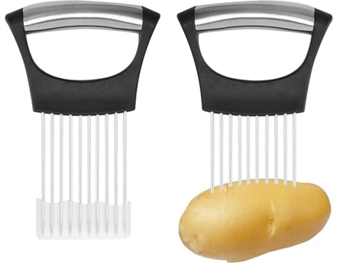 BOULESENM 2PCS Porte Tranche Oignons,Coupe Oignon Support à Oignons Amélioré Pour Trancher,Porte-oignon en Acier Inoxydable,Coupe Legume,Hachoir à Légumes Manuel et Sûr