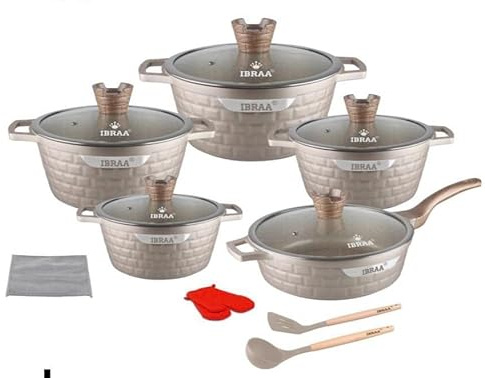 IBRAA 15Pcs Cooking pots/pan, Non-Stick, Induction, Bricks Shape, Inside Granite, semi- Thick Glass lid, Two Gloves, Two Cooking Spoons with a Cleaner,Set of Five Cooking pots and a pan. (Champagne)