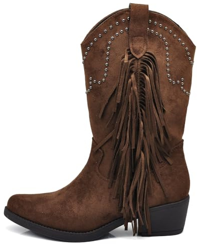 IF Texani Cowboy Western Scarpe da Donna Stivali Stivaletti Frange Borchie Camperos Etnici KL995 Brown N.38