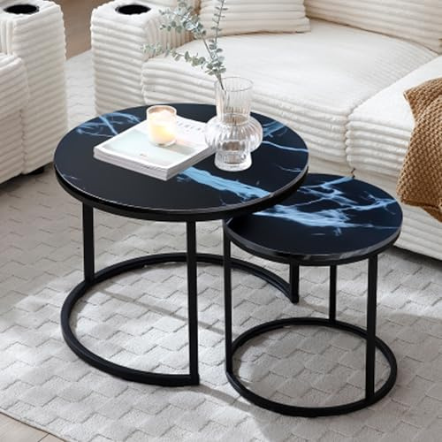 Set of 2 Nesting Coffee Table, Side Round End Table Sturdy Metal Frame Desk for Living Room, Bedroom, Apartment,Modern Industrial Simple Nightstand, Dark Black
