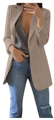 YIzdegg lång blazer dam elegant, dam enfärgad kavaj, långärmad kontorsjacka med ficka, affärsjackor med knapplist, business slim fit ytterkläder, öppen fram kavajjacka