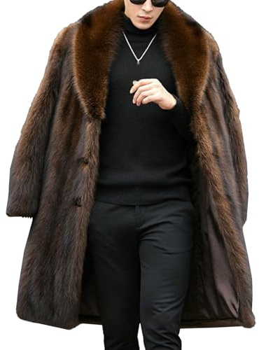 Mens Faux Mink Coat Thick Warm Long Trench Coat Fluffy Faux Fur Coat Winter for Men Brown Large