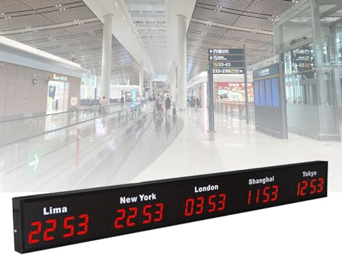 Grande orologio mondiale, orologio da parete digitale a LED con fuso orario di 3/4/5 città, orologio da parete mondiale multi-fuso orario per ufficio/casa/soggiorno/scuola/hotel/aziende Red-5City