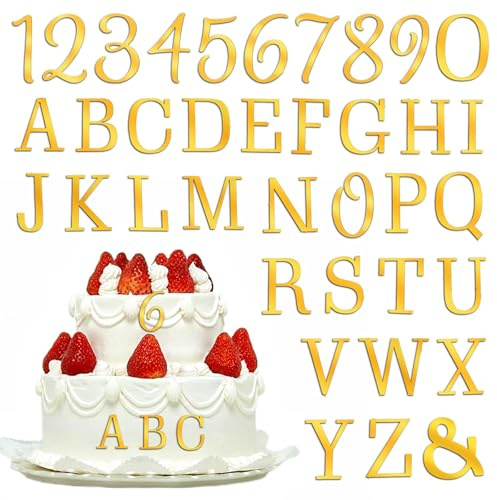 37 Pcs Cake Letters, Acrylic Gold Letters for Cake, A-Z Letter, 0-9 Number Custom Cakes Topper for Wedding Anniversary Birthday Custom Supplies (Gold)