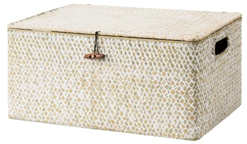 StorageWorks Aufbewahrungsbox mit Deckel zum Ordnen, fest Aufbewahrungskörbe für Regale, modern geflochtener Korb, dekorative Ordnungsbox mit integrierten Griffen, weiß, groß, 1 Stück
