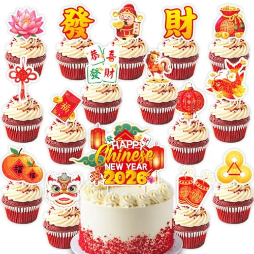 Lot de 2 grands pics de décoration de gâteaux « Year of the Horse » pour le Nouvel An chinois 2026 + 30 mini décorations de cupcakes, décorations de fête lunaire pour gâteaux et desserts