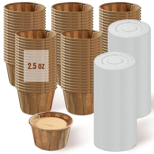 DTFMZOV Disposable Sauce Cups 2.5oz,100 Count, Disposable Paper Condiment Cups with Lids, Ketchup Cups for Medication, Pills, Desserts, Samples and Sauce (Natural Unbleached)