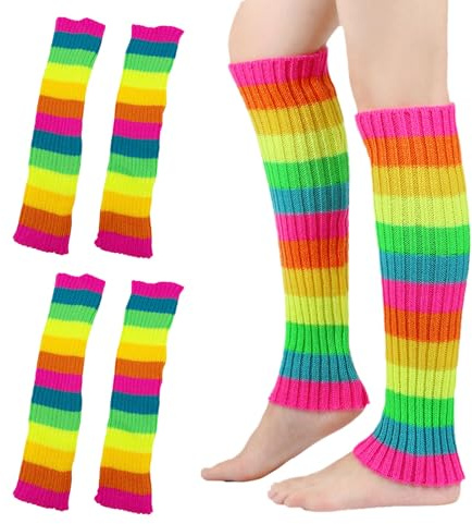 GYIOFAI 2 Paia Scaldamuscoli da Donna Arcobaleno,Scaldamuscoli Lavorati a Maglia Anni '80 Accessori Fluorescenti Neon per Uomo e Donna da Indossare Tutti i Giorni Accessori Neon per Feste (2 Paia)