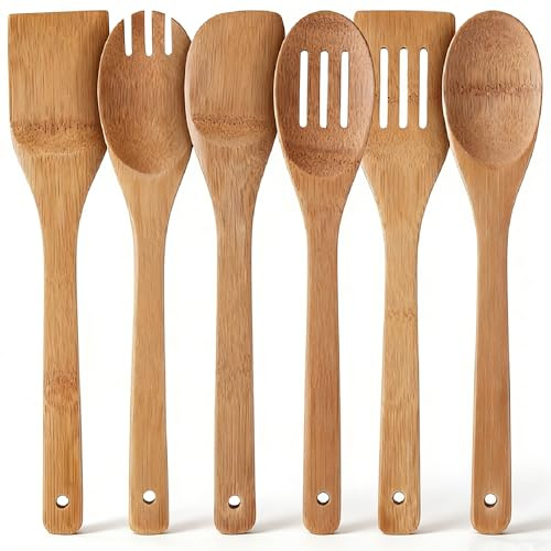 Wooden Spoon for Cooking, 6-Piece Bamboo Spatula Kitchen Utensils Set | 30cm Slotted Ladle Spork Multifunctional for Wok Salad Omelette Baking Lightweight Non-stick Smooth Heat-resistant Glueless