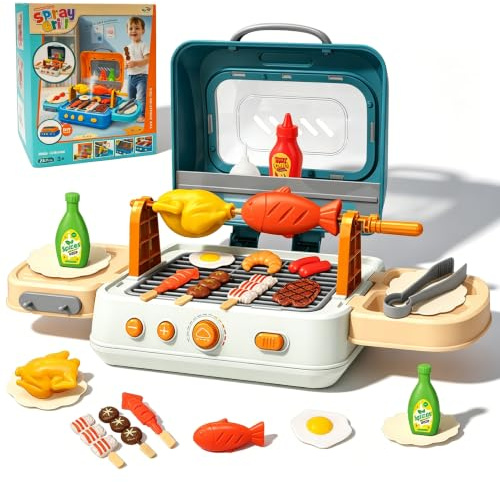 Grill Spielzeugset Kindergrill Outdoor mit Rauchgeräuschen & Licht, Spielzeug-Lebensmittel & Küchenzubehör interaktives Grill Camping-Koch Grillspielset für Kinder im Alter von 3 bis 8 Jahren (Green)