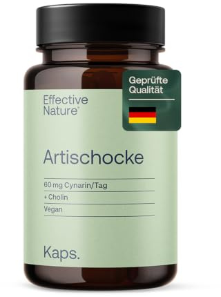 Effective Nature Artischocke Kapseln mit Cholin – vegan, ohne Zusatzstoffe | 1200 mg Artischockenextrakt (6:1) mit 60 mg Cynarin pro Tagesdosis – Unterstützung der normalen Leberfunktion