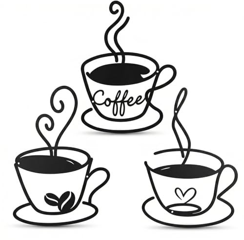 3 Pcs Metal Coffee Cup Wall Art, Minimalist Wire Coffee Bar Sign, Black Vintage Kitchen Wall Decor, Hanging Silhouette Sculpture for Cafe Station, Restaurant, Home & Office Decoration