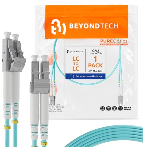 BEYONDTECH Cavo Fibra Ottica LC a LC OM3 Multimodale Duplex (2 Metri) - Cavo di Fibre Ottiche UPC/UPC - 50/125 (LSZH)