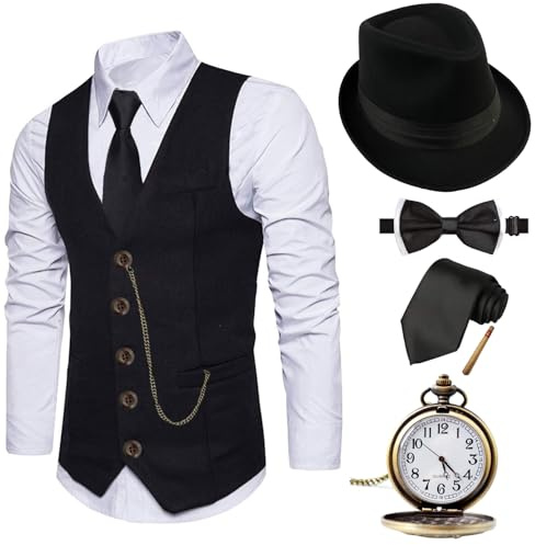 EFORLED Halloween-Kostüm der 1920er-Jahre, Gatsby-Gangster-Weste, Vintage-Taschenuhr, vorgebundene Fliege, Krawatte, Twvest-cswhhat, Medium