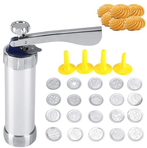 Máquina de Prensa de Galletas, Juego De Cortador De Prensa De Galletas Para Galletas, Conjunto de la Prensa de la Galleta con 20 moldes de galletas 4 boquillas, Acero Inoxidable Máquina de Galletas