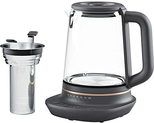 Electrolux te och vattenkokare Explore 7, Modell E7GK1-8BP, Sladdlös Glaskanna, Automatisk Avstängning, Temperaturinställning, Display, 2000 W, 1,7 Liter, Insats för Te, Svart, koppar