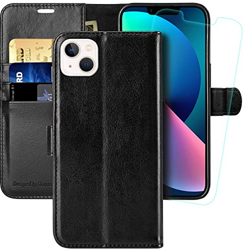 MONASAY Wallet Case for iPhone 13 5G,6.1-inch[Glass Screen Protector Included] [RFID Blocking] Flip Folio Leather Cell Phone Cover with Credit Card Holder,Black