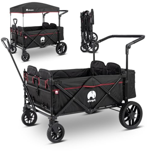 elvent® WagonPro Premium Bollerwagen/Handwagen faltbar mit Dach I 4 Sitzplätze | groß I Sitzpolster, Hecktasche, Off-Road-Reifen, Feststellbremse, 5-Punkt-Gurt I für 4 Kinder (Schwarz)