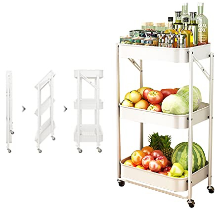 SRHWBF Carrello Portaoggetti Pieghevole a 3 Livelli in Metallo Carrello Multifunzione Carrello da Cucina con Ruote (2 Chiudibili a Chiave) Facile da Montare per Casa Ufficio Esterno (White)