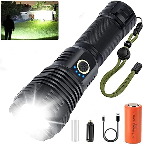 SENDALE LED Taschenlampe 90000Lumen,IPX67 Wasserdicht USB Aufladbar Fackel 5 Lichtmodi, Zoombar, XHP70.2 Taschenlampe Batteriebetrieben, für Camping Wandern Notfälle(26650 Akku) [Energieklasse A+++]