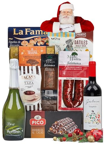 Familycom.Cesta Navidad Gourmet. Surtido con Chocolates originales de regalo. Lote de Turrón, Mantecados, Polvorones, Embutidos, Selección de Vinos y Champagne, Dátiles y Barquillos.