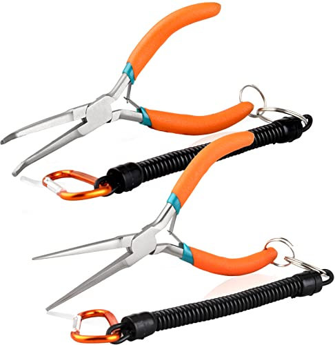 SPEEDWOX 2PCS Long Needle Nose Pliers With Curved & Straight Tips, Hook & Wire Looping Pliers, Anti-Loss Lanyard