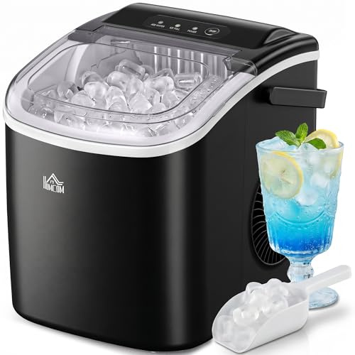 HOMCOM Macchina del Ghiaccio 12kg/24h, 9 Cubetti in 6-12 Minuti in PP e Rame con Cestello e Paletta, 23.8x30.5x29 cm, Nero