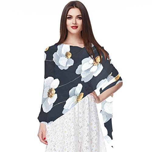 Chiffon-Schal für Damen und Mädchen, Dunkelblau mit Blumenmuster, leichte Schals, modische Schals, Mehrfarbig4