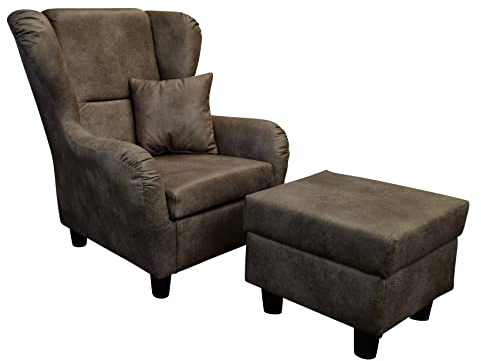 Vintage Ohrensessel mit Hocker und Zierkissen im Landhaus-Stil, B90/H98/T76 cm, hoher Sitzkomfort durch Wellenunterfederung, moderner Lesesessel mit Mikrofaserstoff in Leder-Optik in Braun / 18005