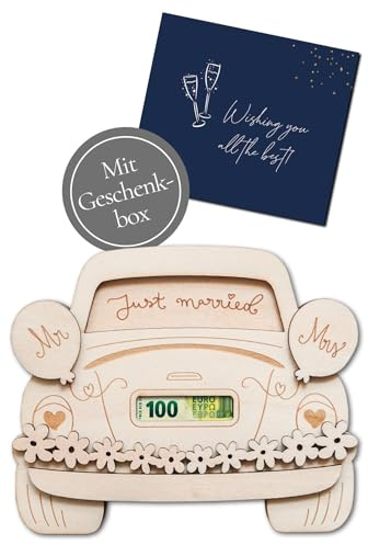 JoliCoon Geldgeschenk Hochzeit, Geldgeschenke zur Hochzeit | Vier Holzschichten, bis zu 3 Geldscheine, Hardcover-Magnetbox, präzise Gravur, beschreibbare Rückseite, für Brautpaare