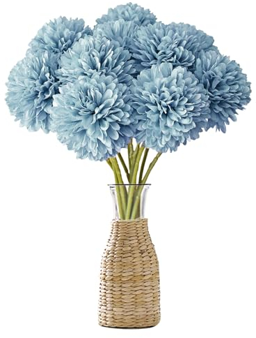 MUYAPAY Ramo de hortensias artificiales, 12 piezas de flores artificiales en bola de crisantemo, ramo de hortensias de seda, para el hogar, jardín, fiesta, decoración de oficina (azul claro)
