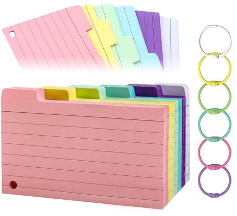 TECDW 300 Cartes Fiches Bristol, 12,7 x 7,8 cm Flash Cards Perforées avec 6 Anneaux de Reliure, Cartes d’index Lignées, Fiches d'indexation Colorées pour Maison, École, Bureau (6 Couleurs)