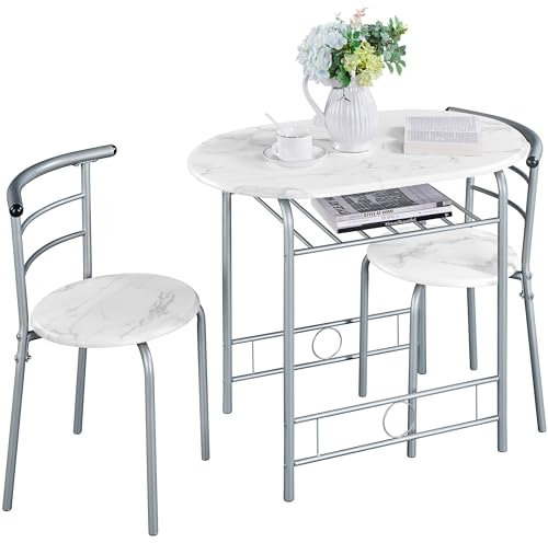 Yaheetech Set Tavolo e 2 Sedie Sala da Pranzo Cucina Mobili da Bar Piccoli Spazi Salvaspazio Balcone per 2 Persone in Legno e Metallo Sedia Portata 136 kg Bianco