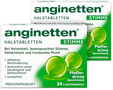 anginetten Stimme Lutschtabletten | bei Heiserkeit | 2 x 24 St | Mit Isländisch Moos & Hyaluronsäure, bei Halskratzen & trockenem Hals, zuckerfrei mit Pfefferminz, ab 6 Jahren