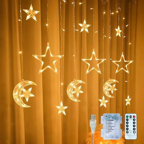 Cadena de Luces LED Luna de Estrella,Cadena de luces de cortina de estrellas,Cortina de luces led estrellas,Guirnalda de luces,Luces de Navidad Estrellas y Lunas,Luces navidad para ventana (A, cálido)