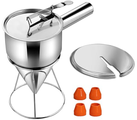 Batter Separator 1200ML, MKNZOME Stainless Steel Pancake Dispenser with Stand Whipped Cream Dispensers Cupcake Cookie Cake Waffle Batter Dispenser Multifunctional Batter Funnel with 4 Silicone Nozzles