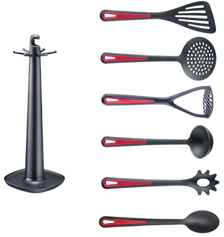 Westmark Utensilios de Cocina, Soporte giratorio con pasapurés, Cuchara, Cuchara para pasta, Cucharón sopero, Espumadera y Espátula, Negro/Rojo, 7 piezas