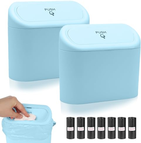 SXCCNW Auto Mülleimer, 2 Stück mit 105 Auto Müllsäcken, Klein Mini Auto Mülleimer mit Deckel für Familie, Büro, Küche, Autos - 16 x 14 x 7 cm, Blau