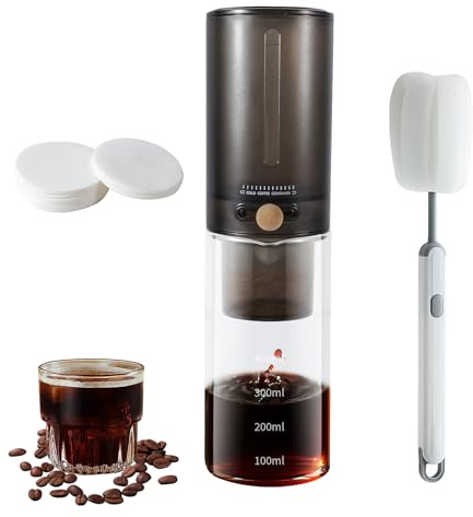 KINGHON Cafetera Cold Brew, (4 tazas/600 ml) para café frío, cafetera de bebidas frías, cafeteras de goteo, tasa de goteo ajustable, viene con 100 papeles de filtro. (negro)