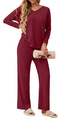 GRECERELLE Schlafanzug Damen Loungewear Pyjama Set Zweiteiler Elegant Gerippt Homewear Herbst Outfit Lose Langarm Oberteile Weitem Bein Hosen Sets