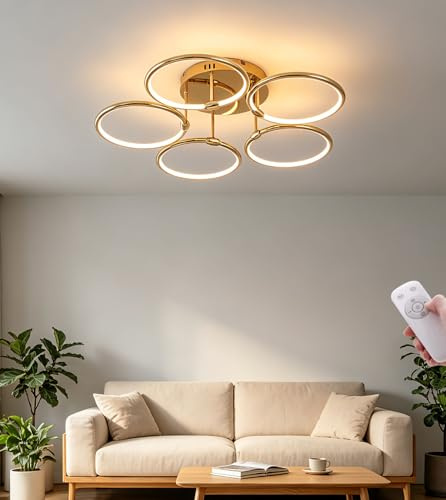 WSXEDC 70cm LED Deckenleuchte 5 ringe Golden Deckenlampe mit Nachtlichtfunktion groß Wohnzimmerlampe 50W Dimmbare Deckenbeleuchtung für Schlafzimmer Esszimmer Büro Küche (Gold, 5 Ringe)