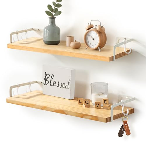 Gronda Wandregal Holz Weiß Metall für Küche Badezimmer Wohnzimmer Schlafzimmer Modern Schwerlast Schweberegal mit 5 Haken Bücherregal 40 cm Lang