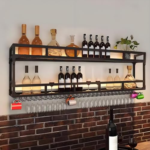 BRCYKRWY Scaffale Per Vino A Parete,Portabottiglie Vino Da Parete,Mensole In Metallo Per Liquori E Porta Bicchieri,con Porta Bicchiere Da Vino,per Cucina,Cantina,Bar,Dispensa,Wine Cellar Scaffale
