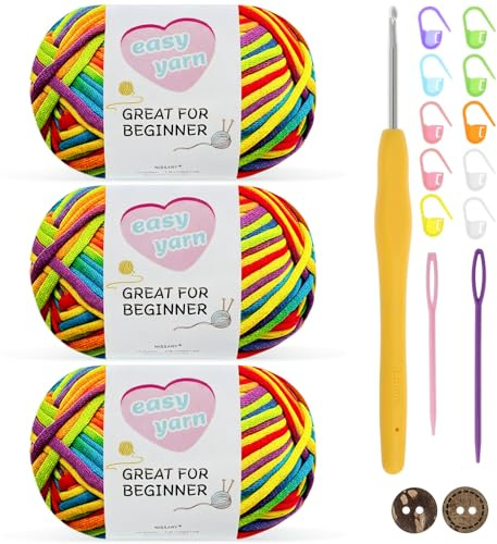 Nissary Chunky virkat garn 3-pack 50 g – bomullsgarn för nybörjare med 3,5 mm krok – tjock ull Amigurumi startkit
