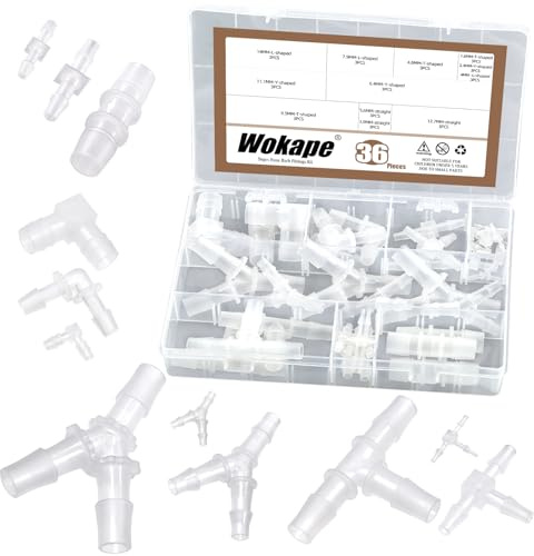 Wokape 36Pcs Plastic Hose Barb Fitting Kit, 3/32 5/32 7/32 1/16 3/16 5/16 7/16 9/16 3/8 1/4 1/2 Stright/L/T/Y-Shaped Reducer fittings Pipe Connectors Aquarium Union Joint Splicer Adapter