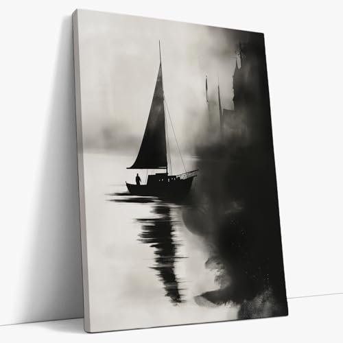 Akinda Art Gallery - Druck auf Leinwand 90 x 120 cm - Bild für den Flur - Vertikales Bild - Segeln im Nebel - Minimales Segelboot - Navigation im Nebel - Abstrakte nautische Kunst