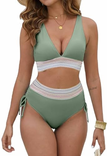 Joligiao Bikini damset baddräkt magen väg tvådelat badmode hög midja bikini set magkontroll baddräkter V-ringad badkläder baddräkt bandeau, Grön, L