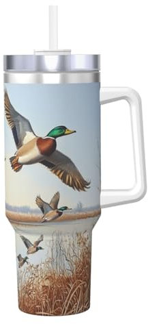 ZSUUGJ Flying Wild Duck Gobelet de 1 200 ml avec poignée et couvercle à paille - Bouteille d'eau isotherme en acier inoxydable - Tasse à café de voyage - Cadeau pour homme et femme